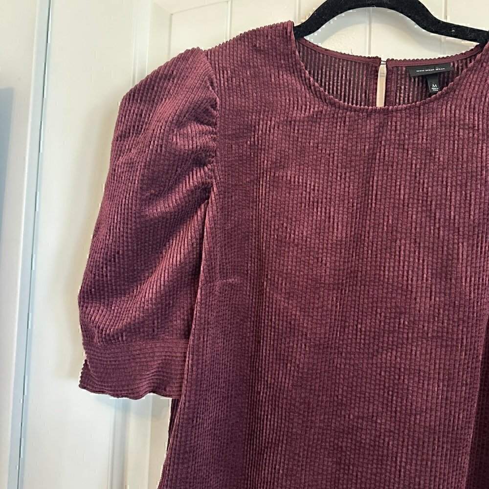NWT Who What Wear purple velvet corduroy puff sleeve high neck dress women's M - Picture 3 of 9